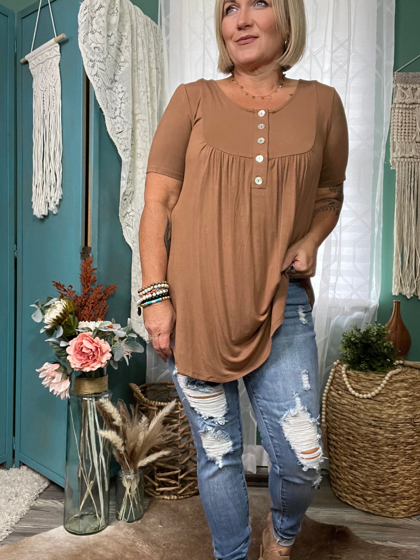 Almond Short Sleeve yoke top *FINAL SALE