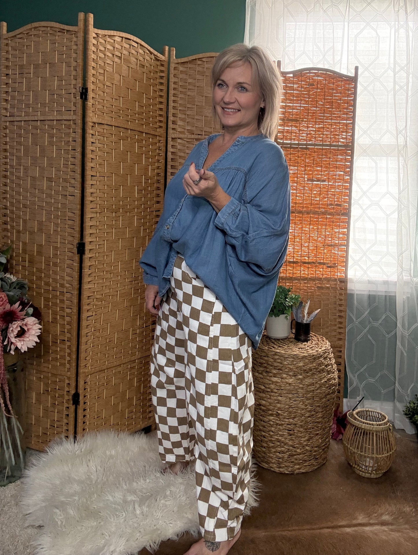 Mocha Grid Barrel Jeans