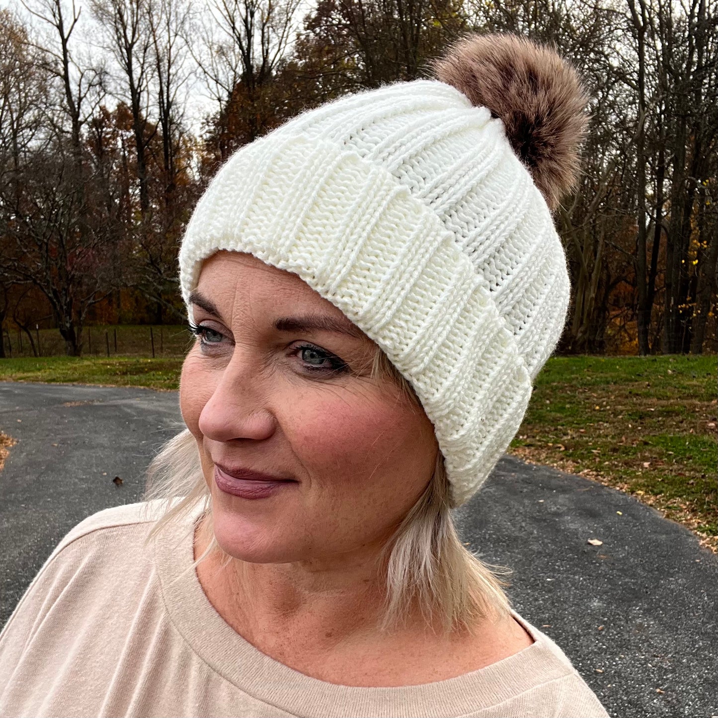 Ivory Knit Beanie with Faux Fur Pom