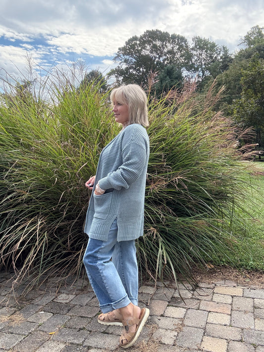 Waffle Soft – Blue Grey Low Gauge Open Cardigan