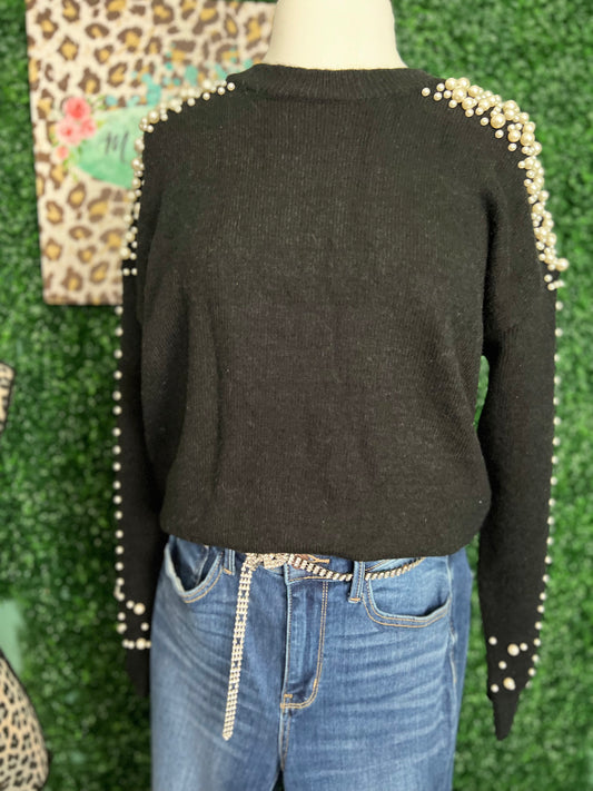 Pearl beaded embellished black sweater