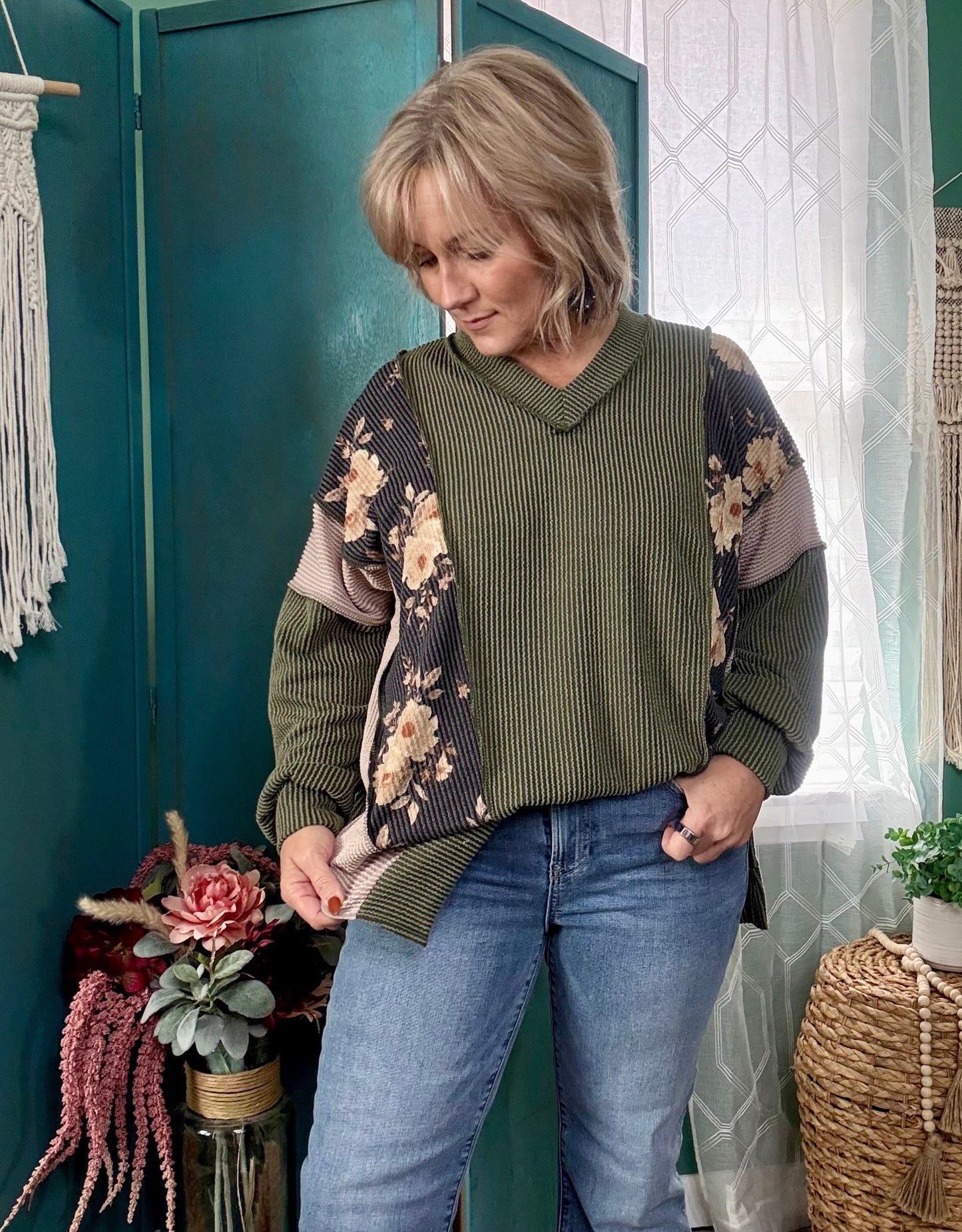 Sage & Stitched | Mixed Media Ribbed Top