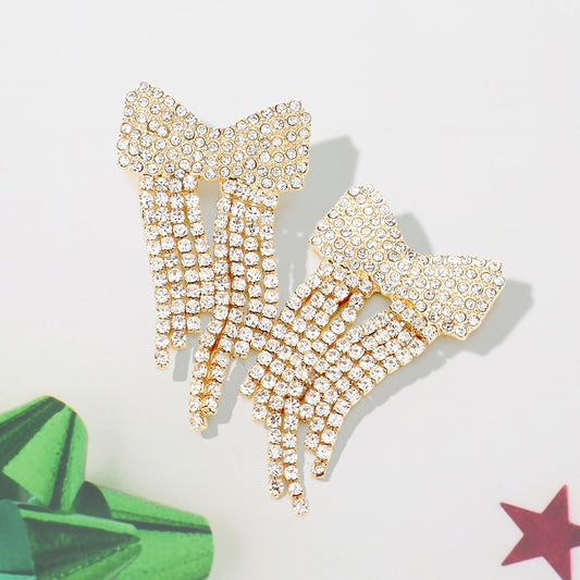 Dazzle & Drape Rhinestone Bow Fringe Earrings