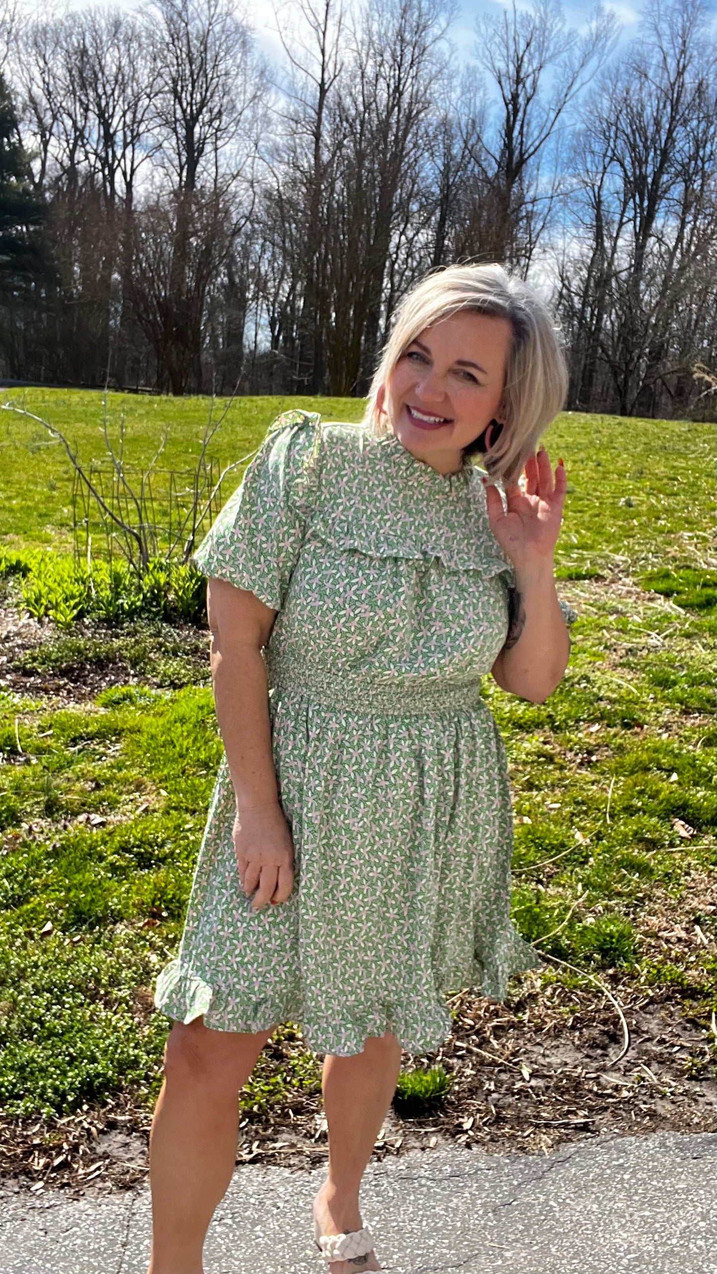 Green and pink floral print dress