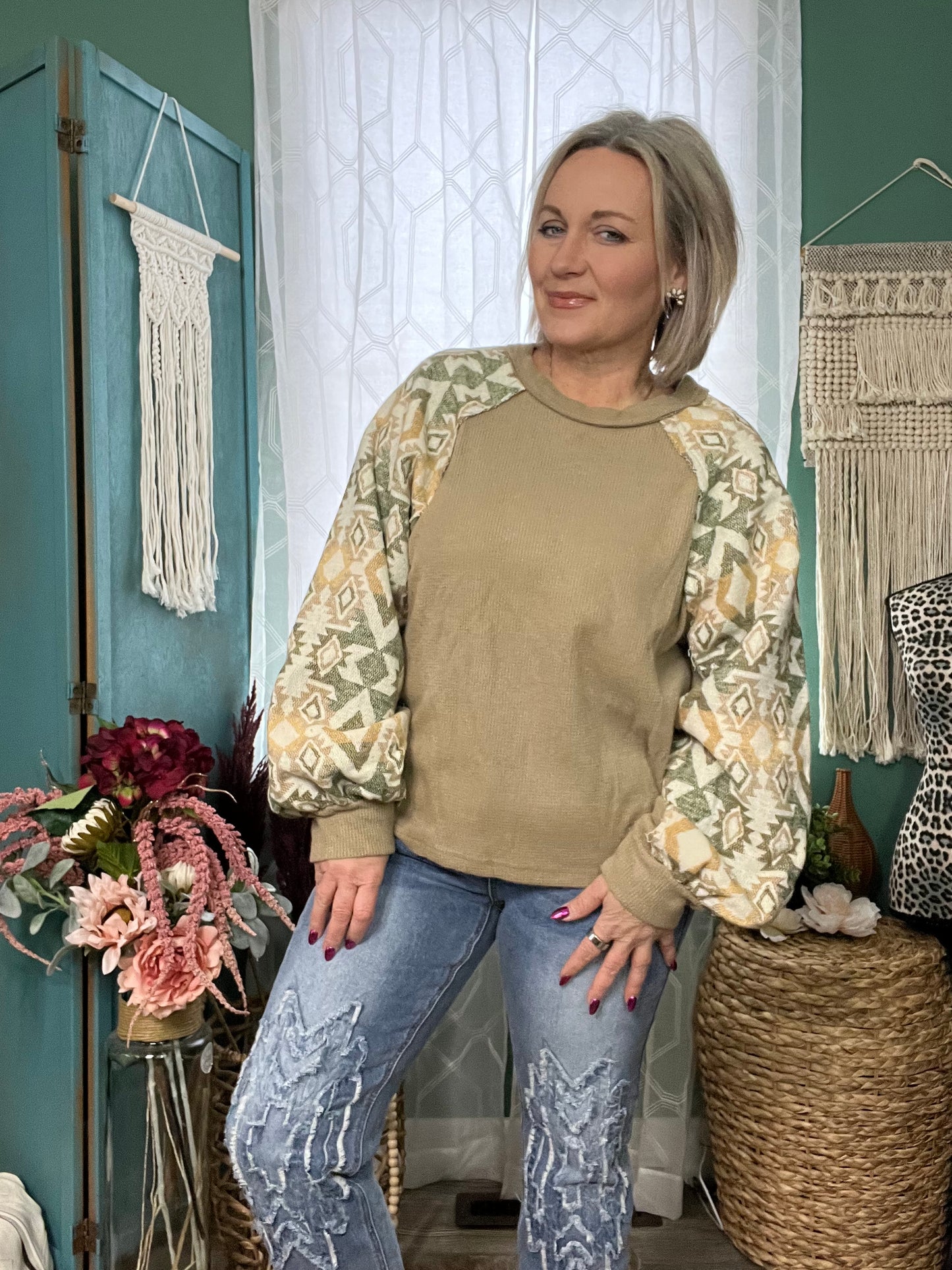 Olive Green Aztec sleeve top - Boho Chic Style