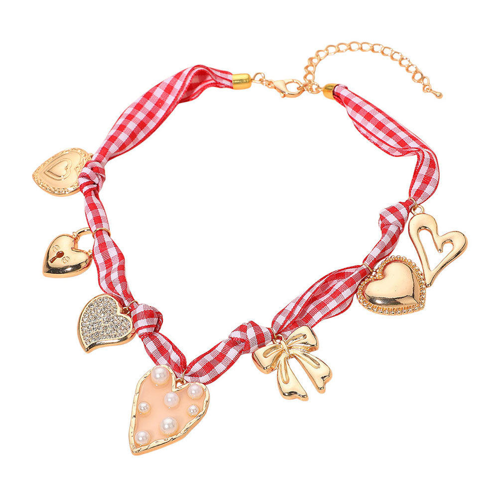 Heart Charm Station Ribbon Necklace – Red Gingham