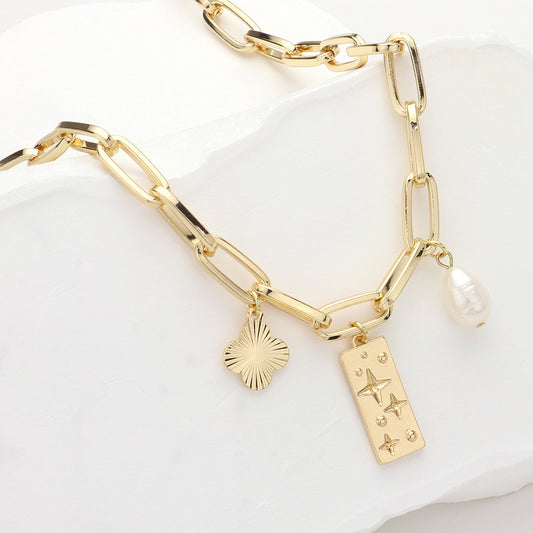 Paperclip charm necklace pearl and star tablet
