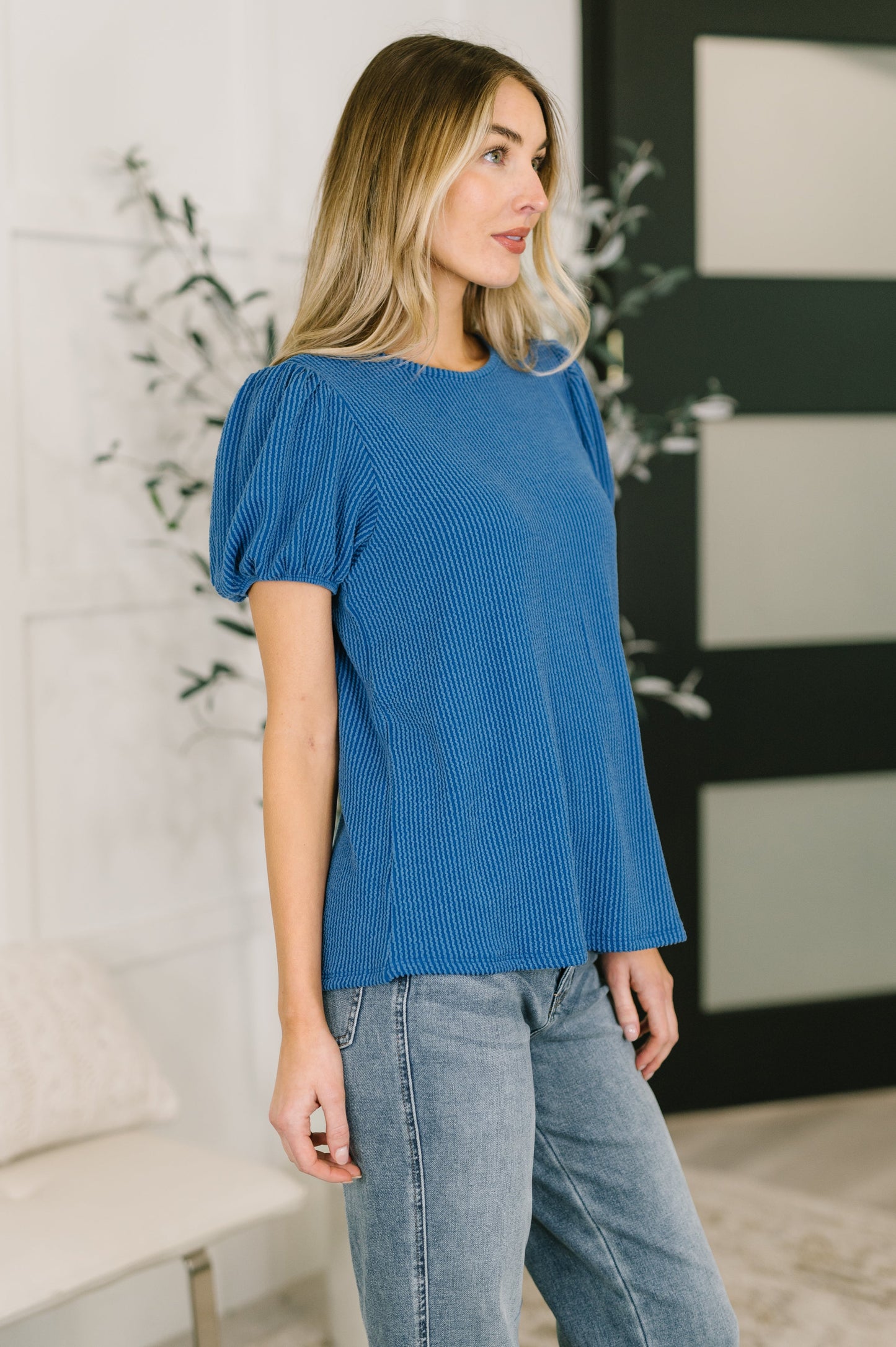 Grace & Virtue Balloon Sleeve Blouse in Ocean Blue