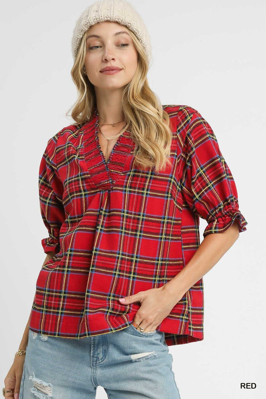 Home for the Holiday Tartan Puff Sleeve Top