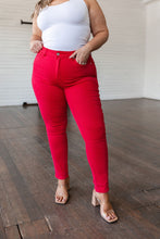 Ruby High Rise Control Top Garment Dyed Skinny Judy Blue Jeans in Red
