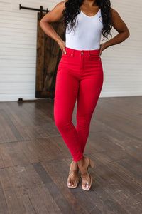 Ruby High Rise Control Top Garment Dyed Skinny Judy Blue Jeans in Red