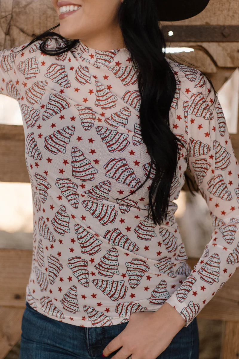 Sugar Rush Sheer Mesh Top – Holiday Christmas Cake Print