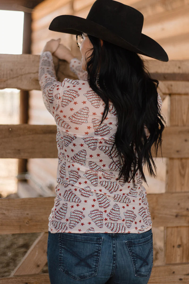 Sugar Rush Sheer Mesh Top – Holiday Christmas Cake Print
