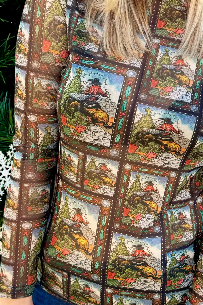 Prairie Greetings Mesh Top – Cowboy Christmas Postcard Print