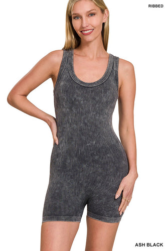 Stone washed seamless ribbed romper in ash black