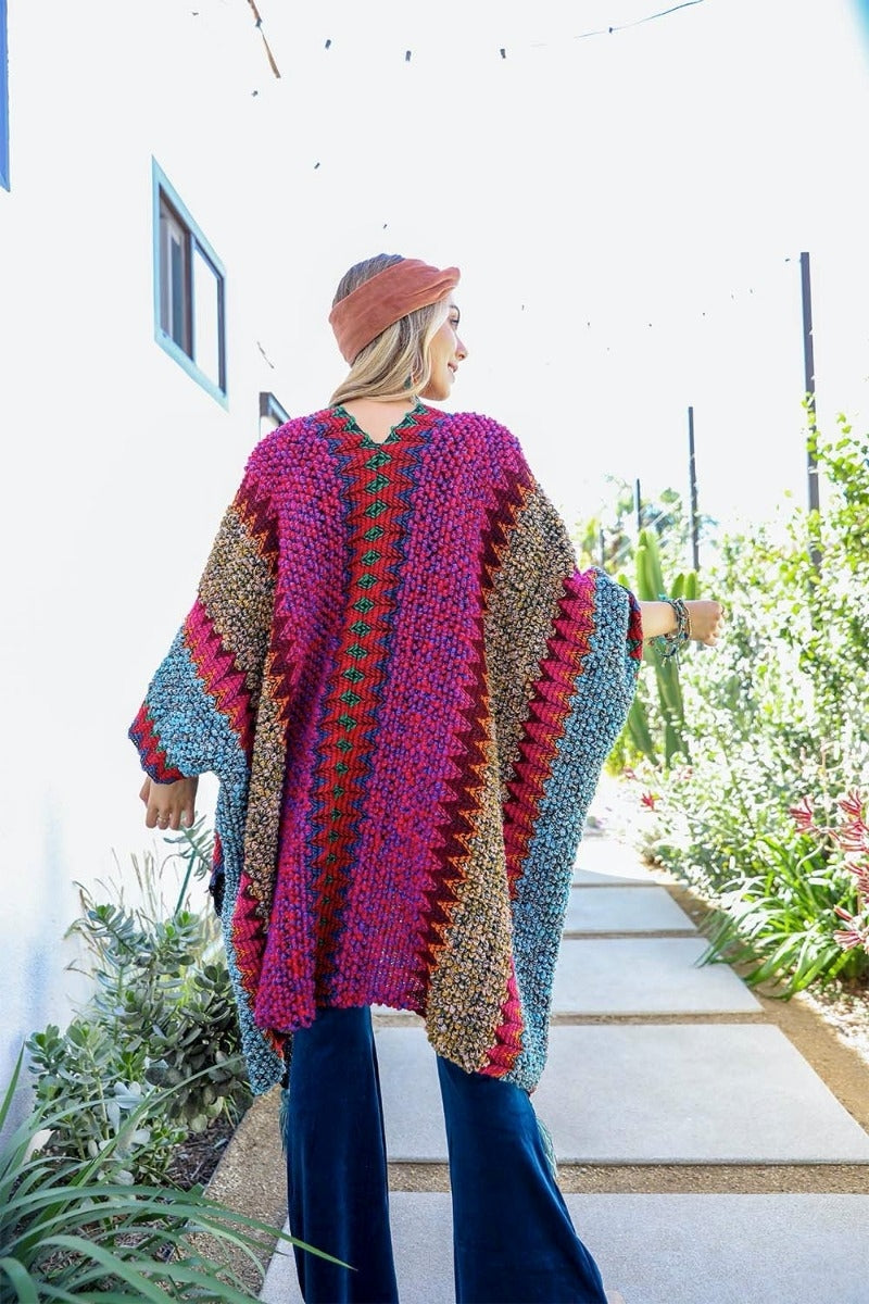 Boho Bold Crochet Knit Ruana – Cozy, Colorful & One Size Fits Most