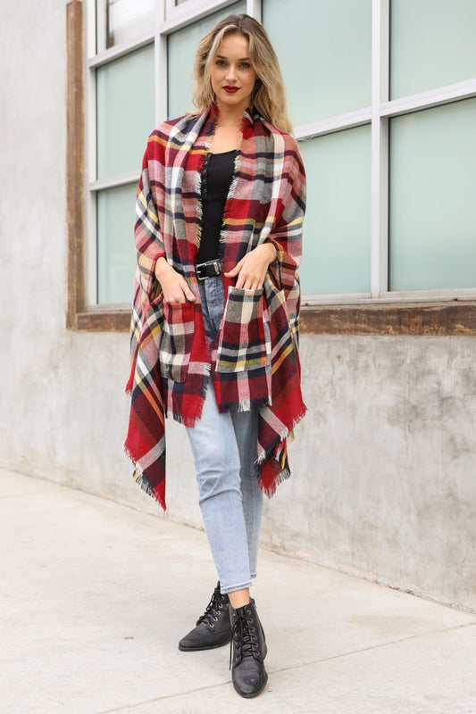 Cozy Plaid Wrap in Classic Red Navy Plaid