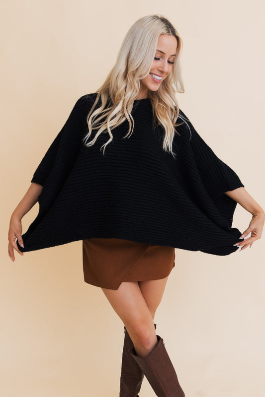 Cozy Elegance Knit Poncho in Black