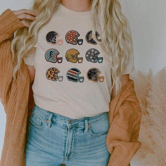 Sideline Style Cream Game Day Tee – Patterned Helmet Graphics