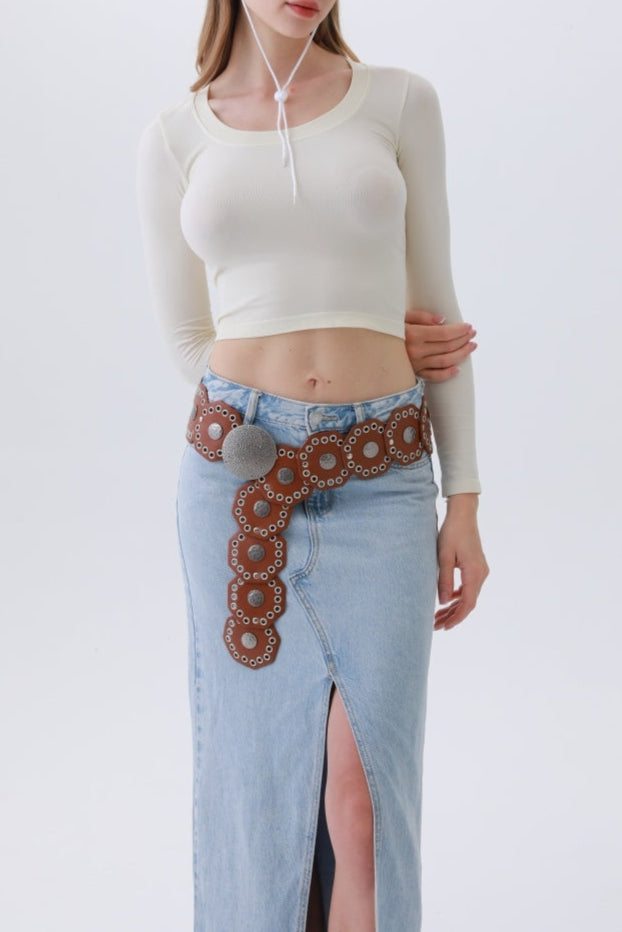 Geometric Western Disc Belt – Camel | Modern Boho Flare