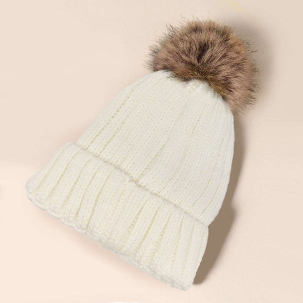 Ivory Knit Beanie with Faux Fur Pom