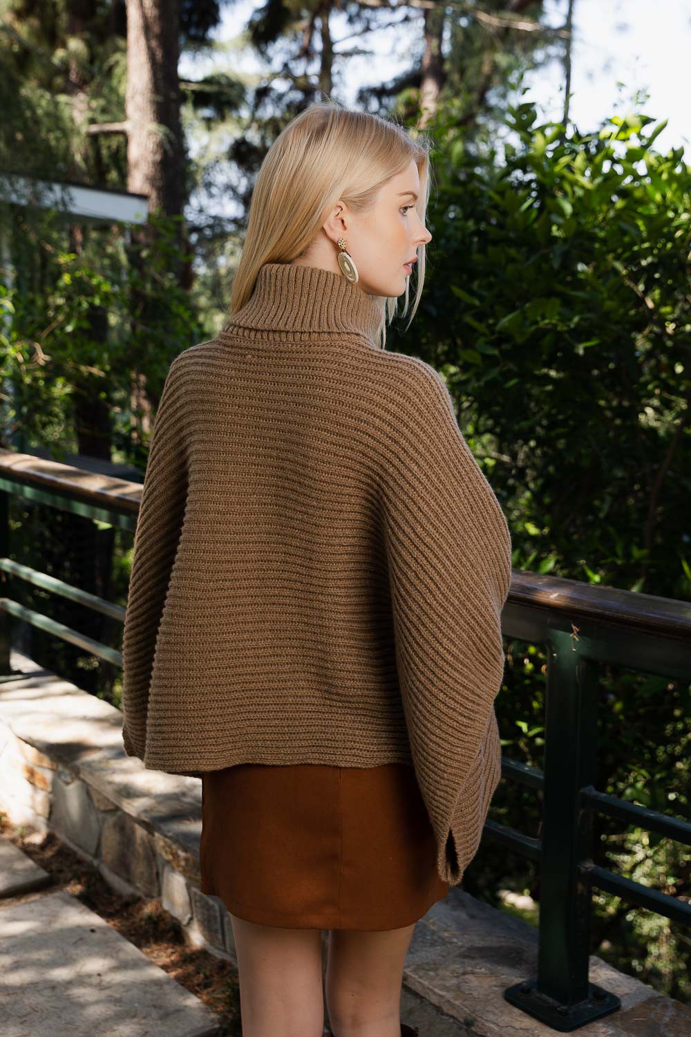 Mocha ribbed knit turtleneck sweater poncho