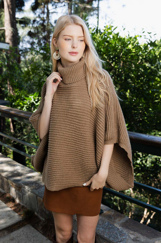 Mocha ribbed knit turtleneck sweater poncho