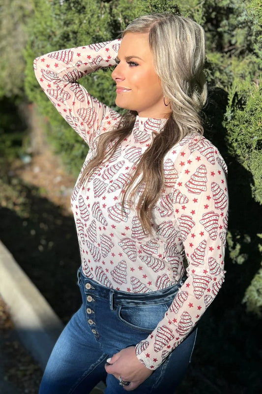 Sugar Rush Sheer Mesh Top – Holiday Christmas Cake Print