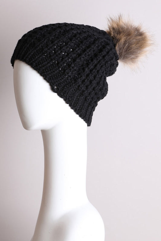 Black Double Knit beanie with fur pom