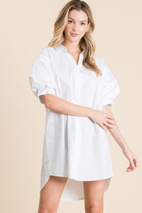 White Bubble Sleeve Shirt Dress