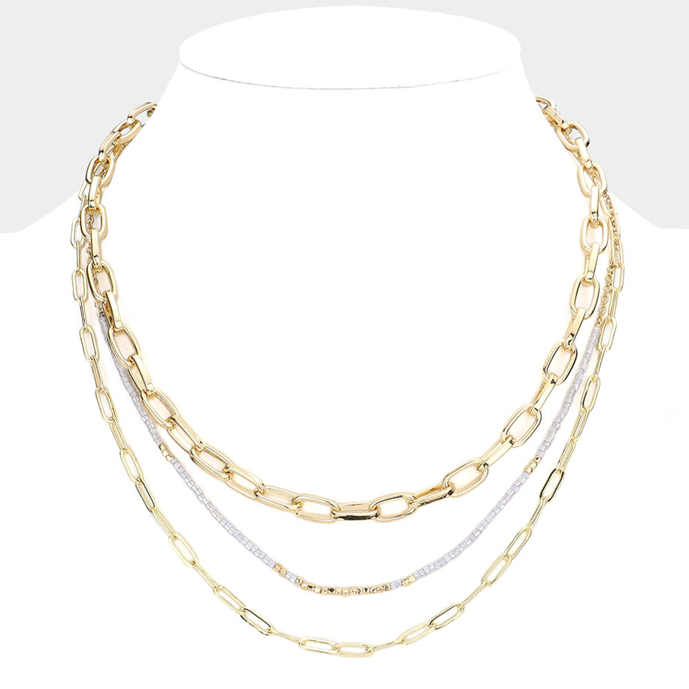 Triple paperclip and seed bead gold necklace
