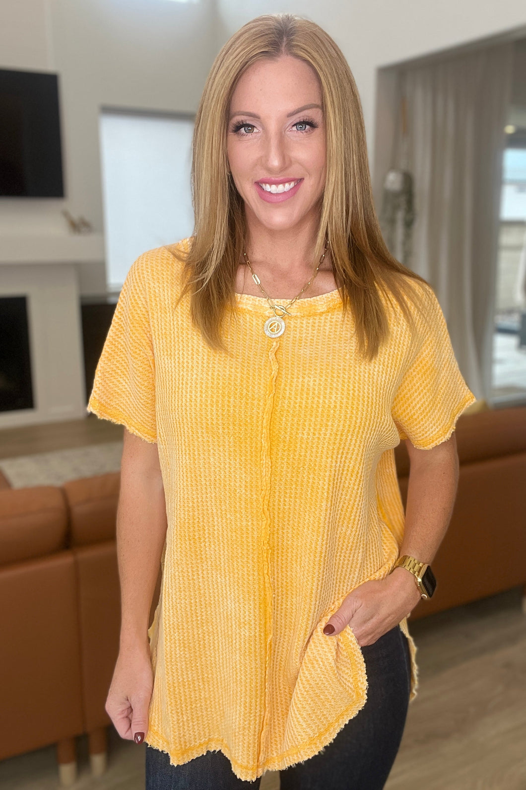 A Wink And A Smile Waffle Knit Top in Yellow Gold