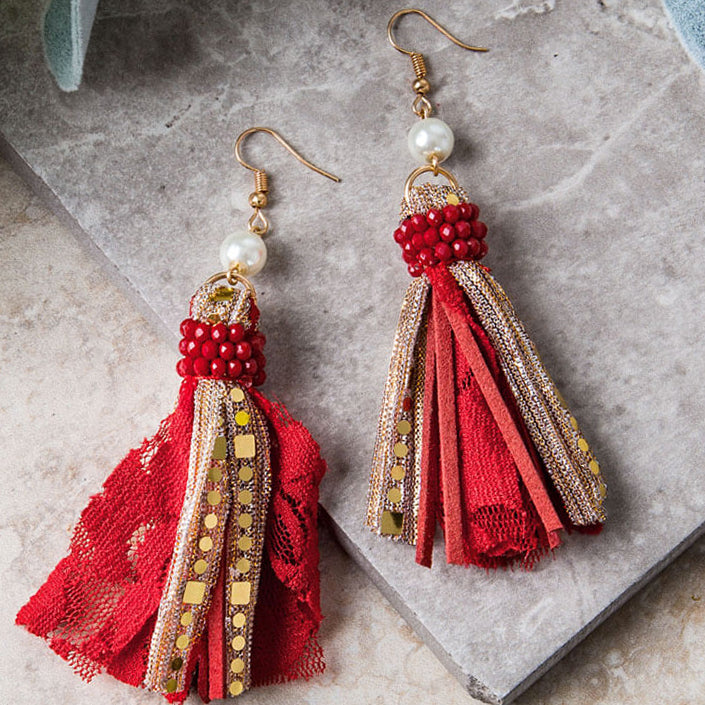 One Chance Fancy Pearl & Red Tassel earring
