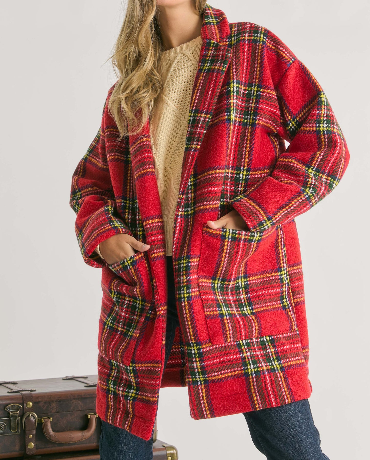 Red hot multi plaid open jacket