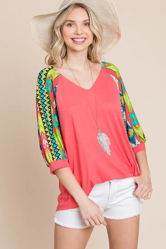 Coral & vibrant aztec dolman sleeve top