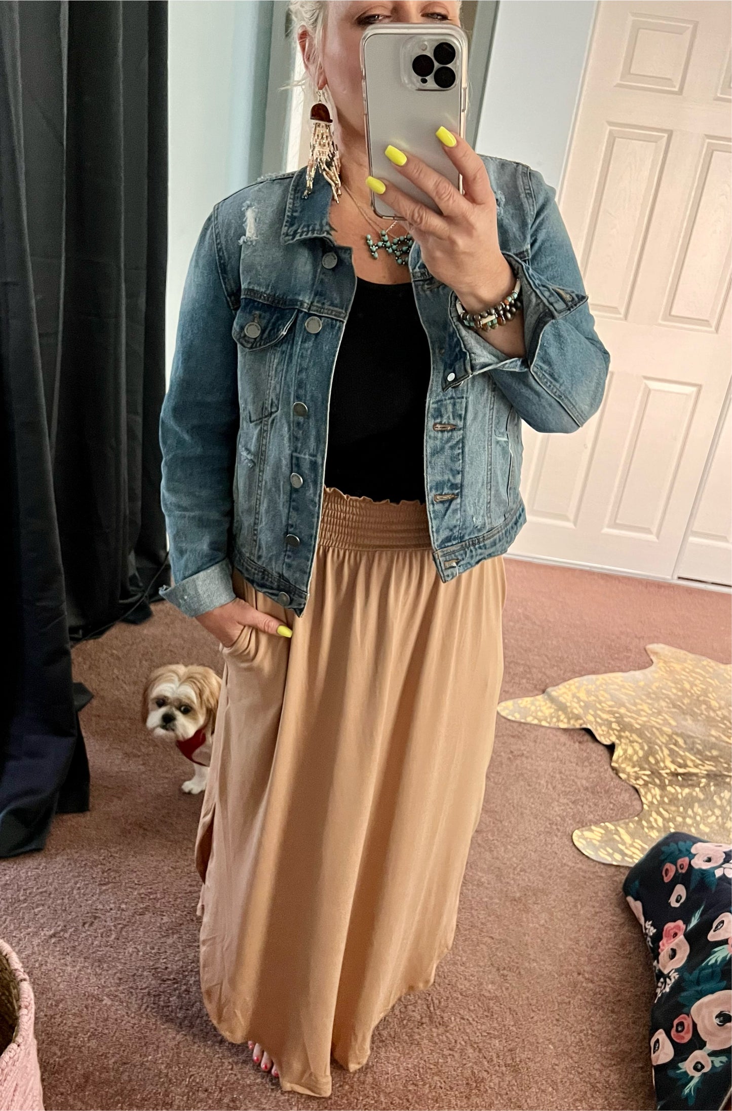 Camel smocked waist maxi skirt