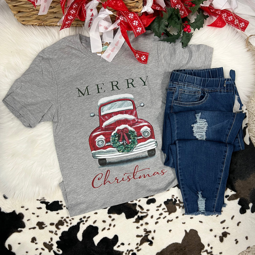 Snowy Red Truck Merry Christmas Graphic Tee