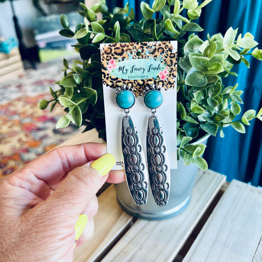 Turquoise and stamped concho drop earring