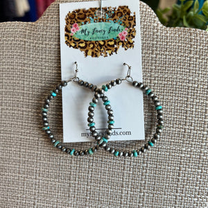 Delicate turquoise bead and Cowgirl pearl hoop earrings