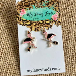 Flying Flamingo Witch enamel earring