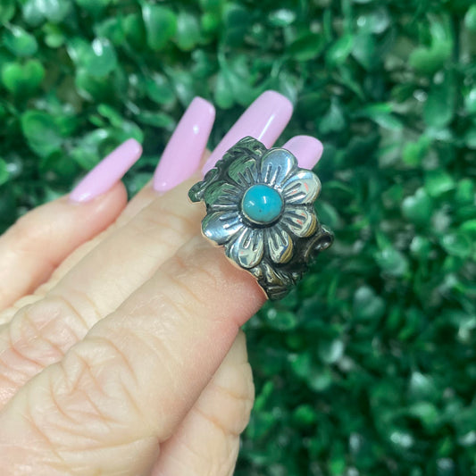 Turquoise dot flower ring sterling silver