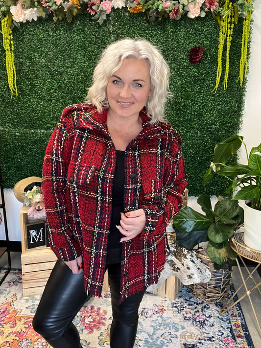 Love the tweed red shacket